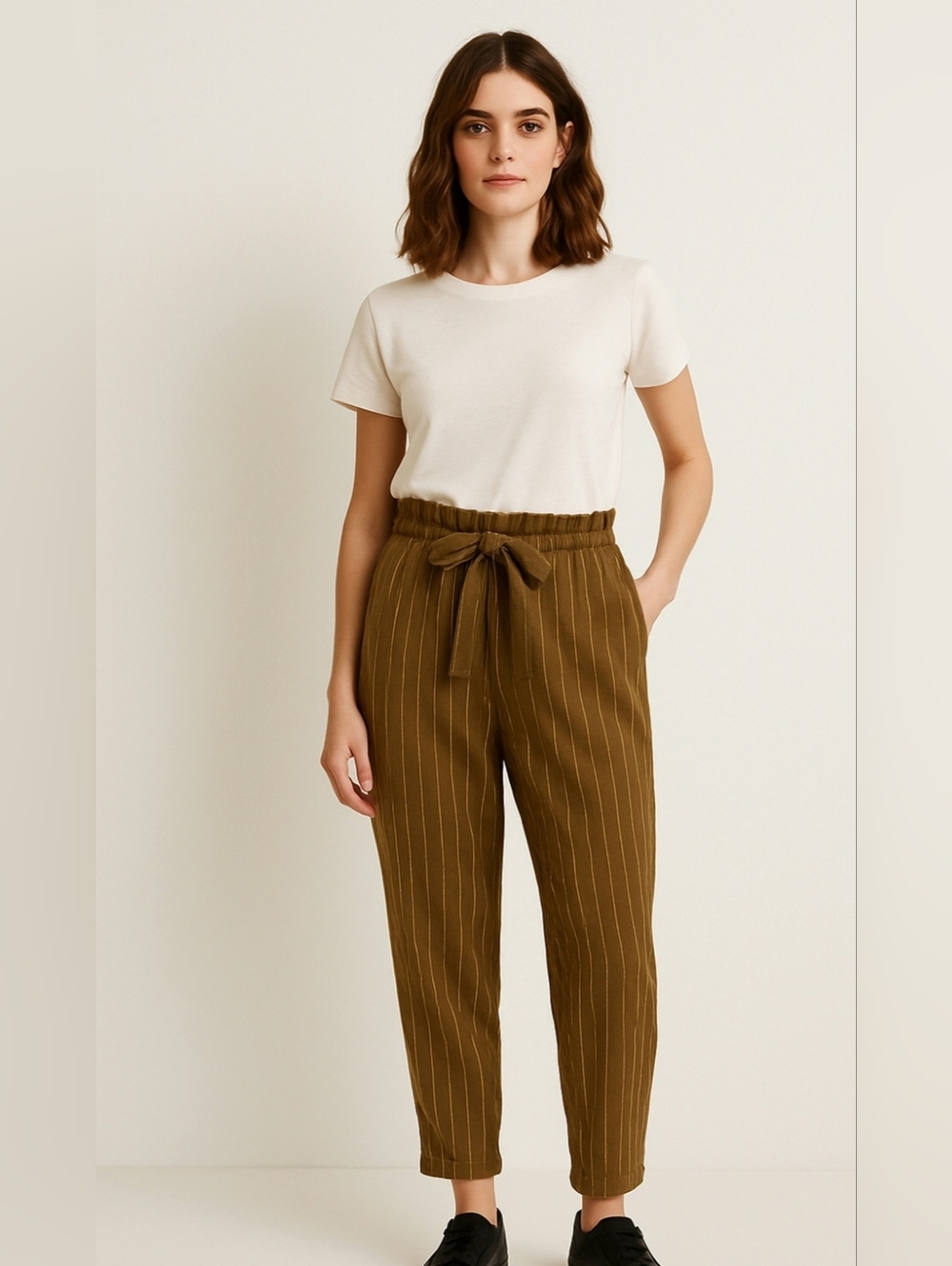 Dijon Brown Pinstripe Cotton Gauze Pull-on Paperbag Waist High-rise Tapered Pant